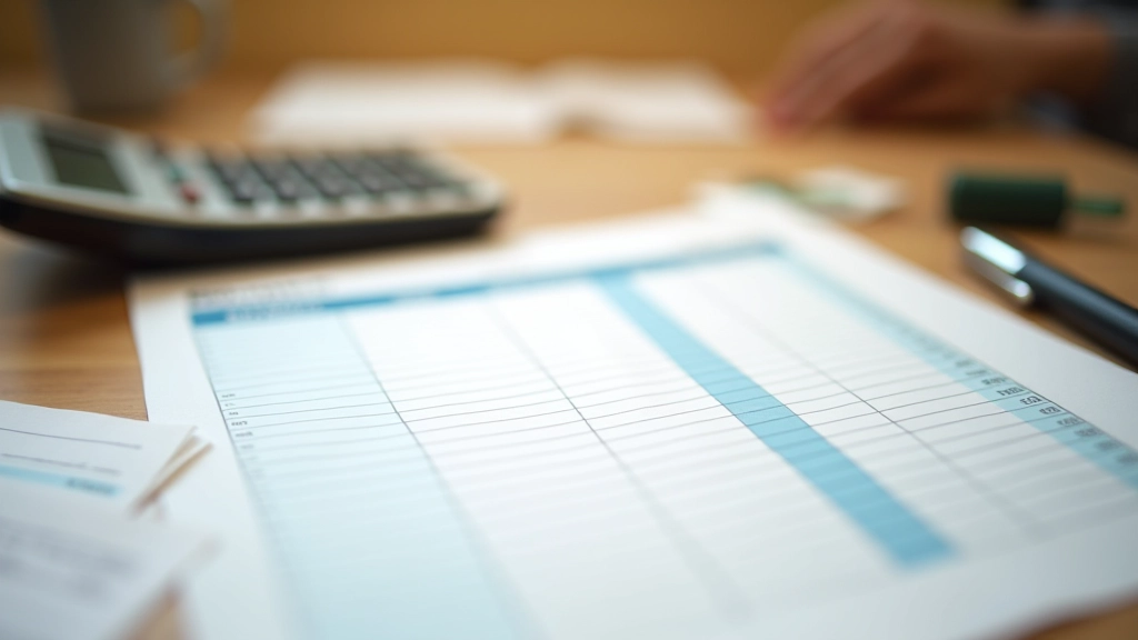 Tabel de buget lunar pe birou cu calculator și pix, înconjurat de chitanțe și facturile