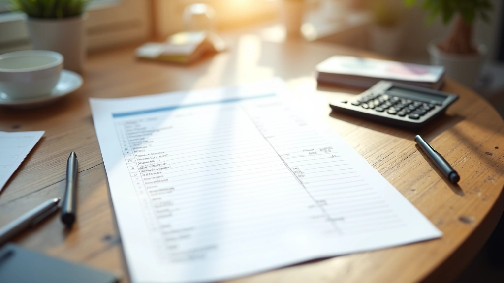 Birou cu foi de hârtie cu tabel de cheltuieli, pix și o tablă de calcul printată cu categorii și sume notate manual