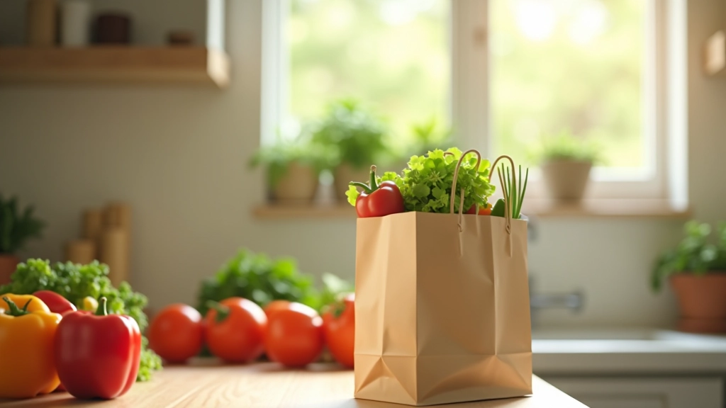 Coșul de cumpărături cu produse alimentare pe masă din bucătărie, lumină naturală din fereastră