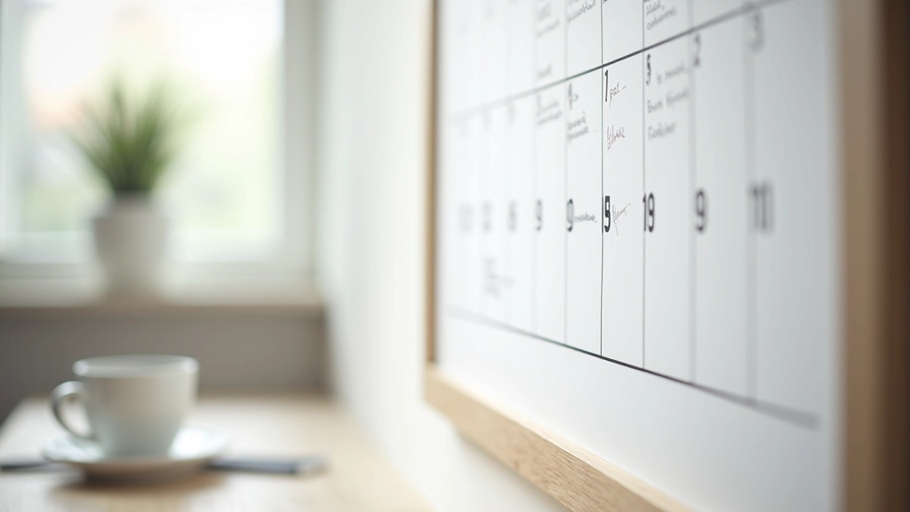 Calendar pe perete cu marcări zilnice și note despre cheltuieli, lângă un pahar cu apă și notițe lipite cu planul lunei